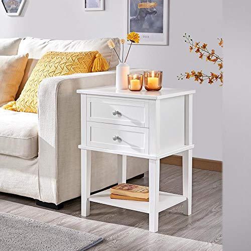 Yaheetech 2pcs Mesitas de Noche con 2 Cajones 45x35x60cm Mesilla de Noche Vintage Mesa Auxiliar Blanco para Sofá Dormitorio Sala de Estar
