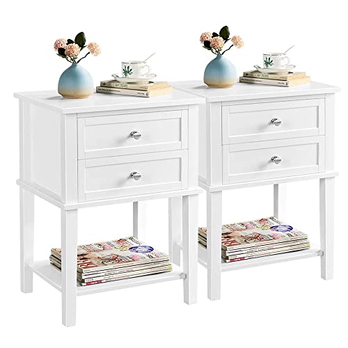 Yaheetech 2pcs Mesitas de Noche con 2 Cajones 45x35x60cm Mesilla de Noche Vintage Mesa Auxiliar Blanco para Sofá Dormitorio Sala de Estar