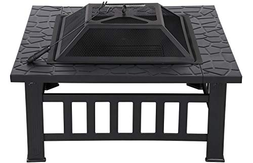 Yaheetech Brasero Exterior 3 en 1 Multifuncional Cuadrada Chimenea Parrilla para Terraza Balcón Estufas para Leña con Cubierta de Malla Atizador 81x81x50cm (Negro)