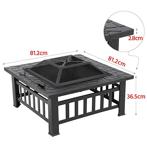 Yaheetech Brasero Exterior 3 en 1 Multifuncional Cuadrada Chimenea Parrilla para Terraza Balcón Estufas para Leña con Cubierta de Malla Atizador 81x81x50cm (Negro)