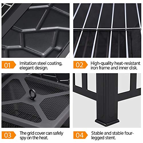 Yaheetech Brasero Exterior 3 en 1 Multifuncional Cuadrada Chimenea Parrilla para Terraza Balcón Estufas para Leña con Cubierta de Malla Atizador 81x81x50cm (Negro)