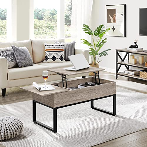 Yaheetech Mesa de Centro Elevable y Extensible Mesa de Café Rustica de Madera Maciza Mesa Auxiliar Salón Mueble con Cajón Gris Claro