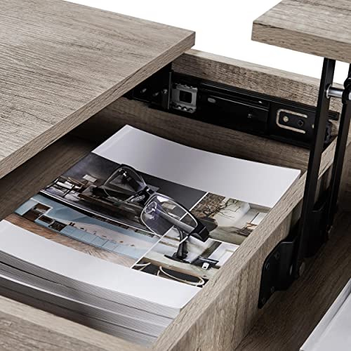 Yaheetech Mesa de Centro Elevable y Extensible Mesa de Café Rustica de Madera Maciza Mesa Auxiliar Salón Mueble con Cajón Gris Claro