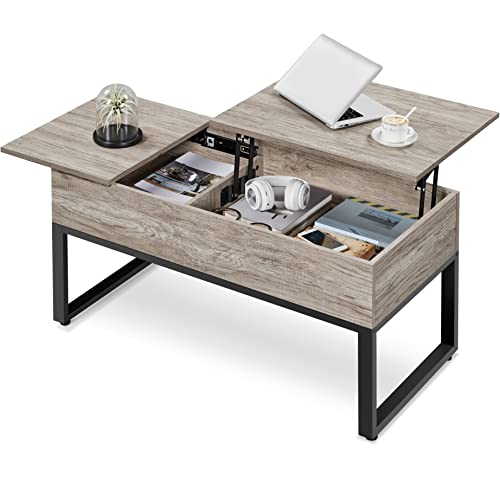 Yaheetech Mesa de Centro Elevable y Extensible Mesa de Café Rustica de Madera Maciza Mesa Auxiliar Salón Mueble con Cajón Gris Claro