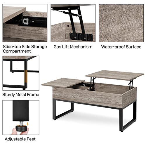 Yaheetech Mesa de Centro Elevable y Extensible Mesa de Café Rustica de Madera Maciza Mesa Auxiliar Salón Mueble con Cajón Gris Claro