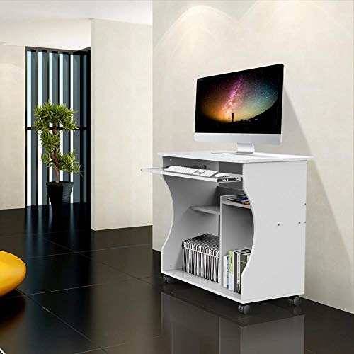 Yaheetech Mesa Escritorio con Ruedas Mesa de Oficina con Bandeja Extraíble Blanca 80x48x76 cm Escritorio Ordenador ​con Cajones para PC Impresora Despacho Estudio Blanco