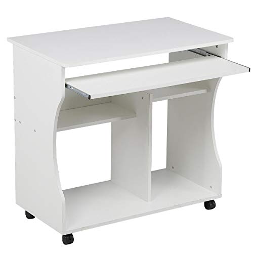Yaheetech Mesa Escritorio con Ruedas Mesa de Oficina con Bandeja Extraíble Blanca 80x48x76 cm Escritorio Ordenador ​con Cajones para PC Impresora Despacho Estudio Blanco