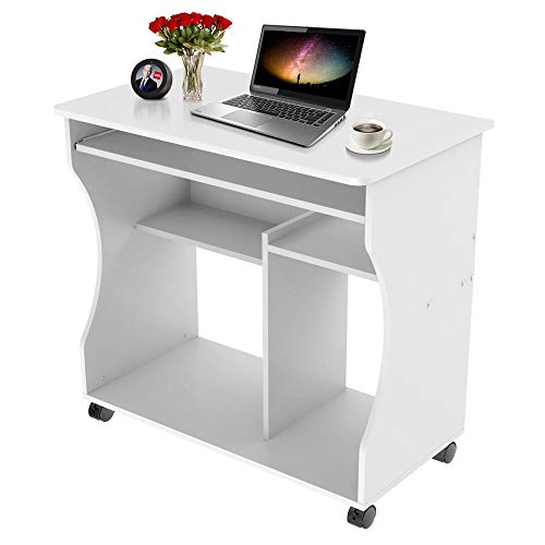 Yaheetech Mesa Escritorio con Ruedas Mesa de Oficina con Bandeja Extraíble Blanca 80x48x76 cm Escritorio Ordenador ​con Cajones para PC Impresora Despacho Estudio Blanco