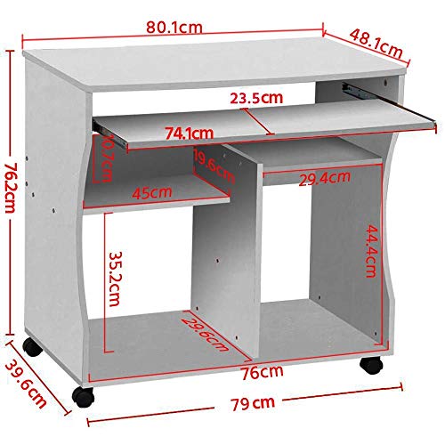 Yaheetech Mesa Escritorio con Ruedas Mesa de Oficina con Bandeja Extraíble Blanca 80x48x76 cm Escritorio Ordenador ​con Cajones para PC Impresora Despacho Estudio Blanco