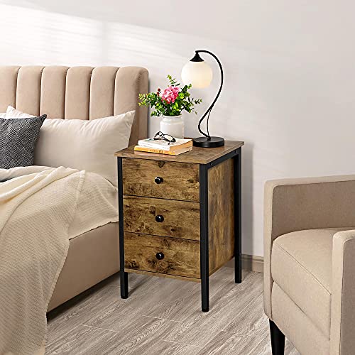 Yaheetech Mesita de Noche con 3 Cajones 40x40x61cm Mesillas de Noche de Estilo Industrial Mesa Auxiliar de Madera para Dormitorio