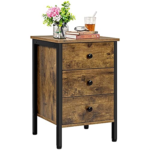 Yaheetech Mesita de Noche con 3 Cajones 40x40x61cm Mesillas de Noche de Estilo Industrial Mesa Auxiliar de Madera para Dormitorio