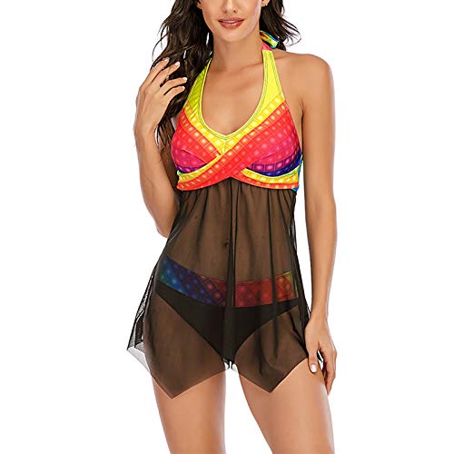 YANFANG Bikini de Pierna de Corte Alto con Cordones y Estampado Sexy de Mujer, Traje de baño de Dos Piezas 3XL,Red