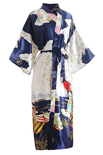 YAOMEI Novia Mujer Vestido Kimono Satén, Camisón para Mujer, Sedoso Flores de Geisha Robe Albornoz Dama de Honor Ropa de Dormir Pijama, S-2XL (Busto: 126cm, de S a 2XL, Azul)