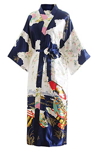 YAOMEI Novia Mujer Vestido Kimono Satén, Camisón para Mujer, Sedoso Flores de Geisha Robe Albornoz Dama de Honor Ropa de Dormir Pijama, S-2XL (Busto: 126cm, de S a 2XL, Azul)