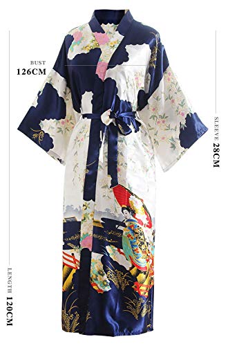 YAOMEI Novia Mujer Vestido Kimono Satén, Camisón para Mujer, Sedoso Flores de Geisha Robe Albornoz Dama de Honor Ropa de Dormir Pijama, S-2XL (Busto: 126cm, de S a 2XL, Azul)