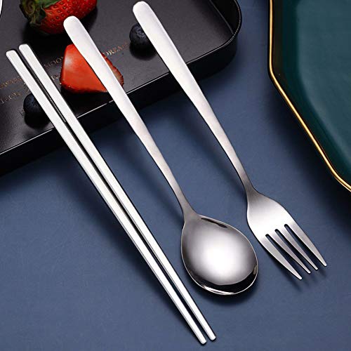 YFWOOD Juego de 3 pares de Tenedores, Cucharas, Palillos, Juego de Vajilla de Acero Inoxidable Coreano, Juego de Vajilla de Cocina de Mango Largo para el Hogar, Viajes, Escuela o Restaurante