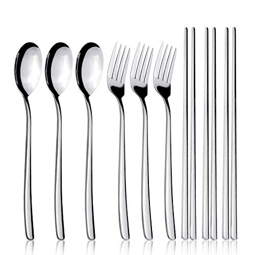 YFWOOD Juego de 3 pares de Tenedores, Cucharas, Palillos, Juego de Vajilla de Acero Inoxidable Coreano, Juego de Vajilla de Cocina de Mango Largo para el Hogar, Viajes, Escuela o Restaurante