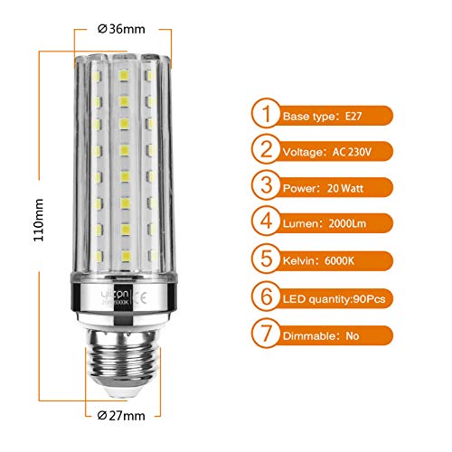 Yiizon Bombillas LED de maíz E27 20W equivalentes a bombillas incandescentes de 150 W 6000K Blanco Frío 2000LM bombillas de tornillo E27 Edison, bombillas LED de candelabro no regulable 4 Paquete