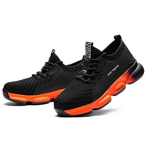 YISIQ Zapatos de Seguridad para Hombre Mujer Transpirable Ligeras con Puntera de Acero Trabajo Calzado de Zapatos de Industrial y Deportiva Unisex, Negro naranja, 43 EU