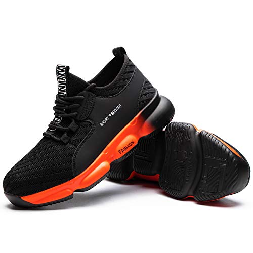 YISIQ Zapatos de Seguridad para Hombre Mujer Transpirable Ligeras con Puntera de Acero Trabajo Calzado de Zapatos de Industrial y Deportiva Unisex, Negro naranja, 43 EU