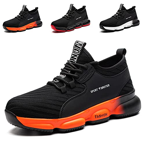 YISIQ Zapatos de Seguridad para Hombre Mujer Transpirable Ligeras con Puntera de Acero Trabajo Calzado de Zapatos de Industrial y Deportiva Unisex, Negro naranja, 43 EU