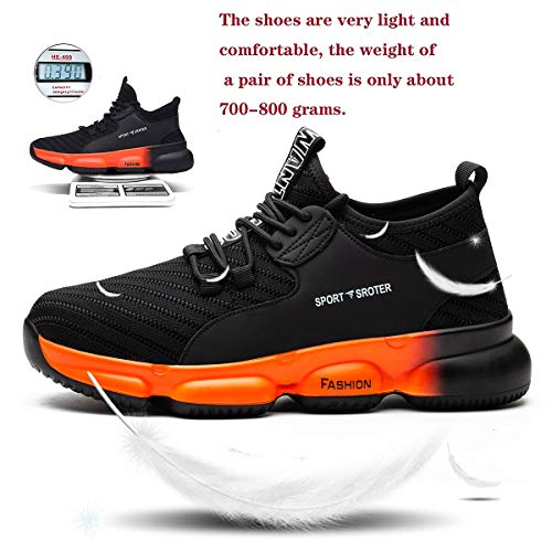 YISIQ Zapatos de Seguridad para Hombre Mujer Transpirable Ligeras con Puntera de Acero Trabajo Calzado de Zapatos de Industrial y Deportiva Unisex, Negro naranja, 43 EU