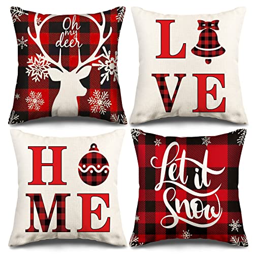 YLXQJIN Fundas de cojín de Navidad, de lino, 45 x 45 cm, 4 unidades, decoración navideña, diseño de alfabeto inglés «Love/Home»