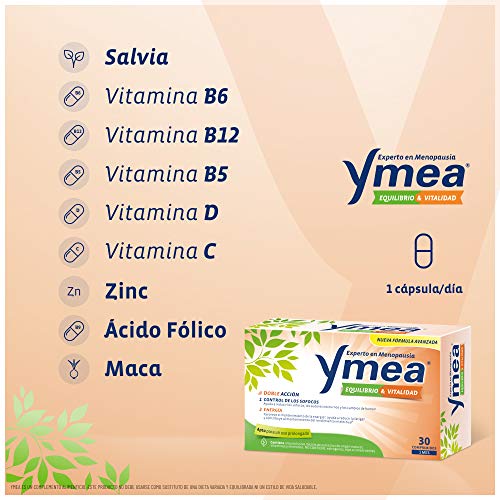 Ymea Equilibrio y Vitalidad - Tratamiento de la Menopausia, control de Sofocos, ayuda a mantener la Energía, uso prolongado, sin estrogenos, soja o consevantes, tratamiento 1 mes, sin Color, 30 unidad