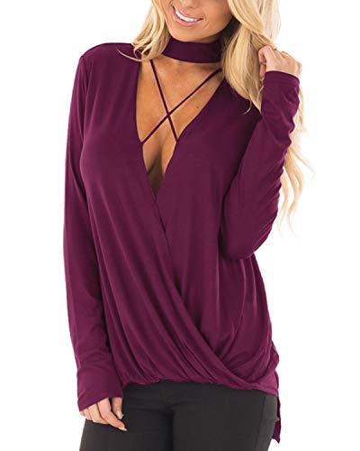 YOINS Blusas de Manga Larga con Cuello en V Profundo Frontal Cruzado Irregular, Sexy, Sueltas, Verde Militar Manga Larga-Claret XL