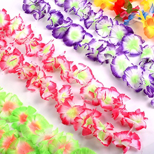 Yojoloin 24 Piezas Hawaianas Leis Luau Flores con 12 Pulseras 6 Diademas y 6 Collares para Luau Hawaiian Party Decoraciones Suministros Photo Booth Props.