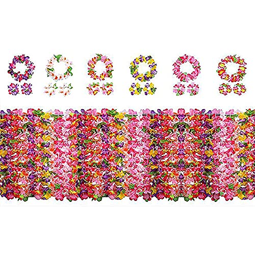 Yojoloin 24 Piezas Hawaianas Leis Luau Flores con 12 Pulseras 6 Diademas y 6 Collares para Luau Hawaiian Party Decoraciones Suministros Photo Booth Props.