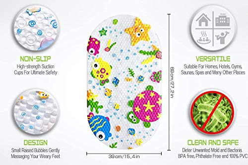 Yolife Duck Suckers Alfombrilla de baño Antideslizante Plástico Antideslizante Baño PVC Dibujos Animados Boceto Masaje Ducha Baño con ventosas para bebés Niños 39 x 69 cm (Animal del océano)