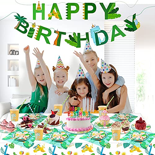 Yosemy 130 Piezas para Fiesta de Cumpleaños, Set de Fiesta de Dinosaurio, Decoraciones para 16 Cumpleaños de Niños,Decoración de Fiesta con Platos,Pajitas,Servilletas,Cubiertos,Pancartas,Manteles