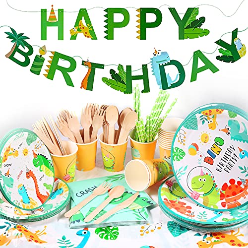 Yosemy 130 Piezas para Fiesta de Cumpleaños, Set de Fiesta de Dinosaurio, Decoraciones para 16 Cumpleaños de Niños,Decoración de Fiesta con Platos,Pajitas,Servilletas,Cubiertos,Pancartas,Manteles