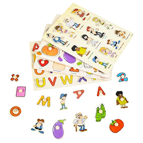 YOTINO 4 Juegos de Rompecabezas de Madera Puzzle de Madera números y Fruta Puzzles para niños Carta educativa Rompecabezas Coloridos Bloques de construcción, preescolares