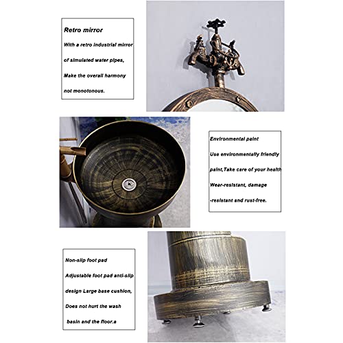 YQX Mueble Lavabo Baño Estilo Industrial, Mueble Lavamanos Baño Retro De Una Pieza, Fregadero De Pedestal con Grifo Y Drenaje Combo 47x47x87cm(Size:Lavabo de Columna + Espejo,Color:Plata Vintage)