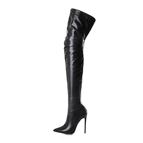 Yu Liao Botas Altas hasta el Muslo para Mujer Sexy Negro PU Cuero Estiramiento quirúrgico sobre la Rodilla Botas Altas Punta Redonda Tacón bajo Grueso Stiletto