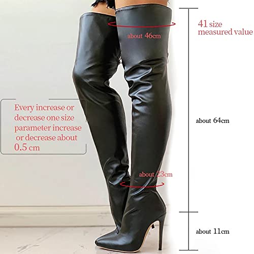Yu Liao Botas Altas hasta el Muslo para Mujer Sexy Negro PU Cuero Estiramiento quirúrgico sobre la Rodilla Botas Altas Punta Redonda Tacón bajo Grueso Stiletto