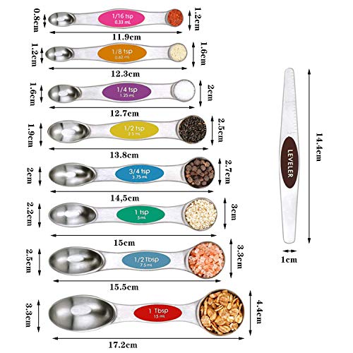 Yuning Juego de 9 Juego de cucharas medidoras magnéticas de Cocina de Acero Inoxidable de Doble Cara apilable para medir Ingredientes Secos y líquidos