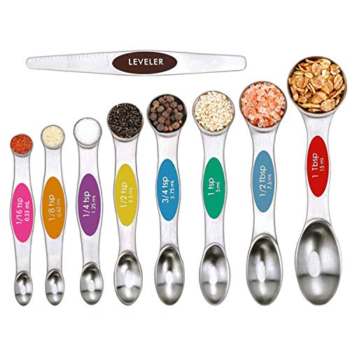 Yuning Juego de 9 Juego de cucharas medidoras magnéticas de Cocina de Acero Inoxidable de Doble Cara apilable para medir Ingredientes Secos y líquidos