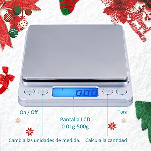 Zacro Báscula Cocina de Presisión Digitales,500g x 0.01g Báscula Balanzas de Alta Precisión,Balanzas Multifuncionales Pro Peso Cocina para Comidas,Joyería,Pantalla LCD,2 Bandejas y Baterías Incluidas