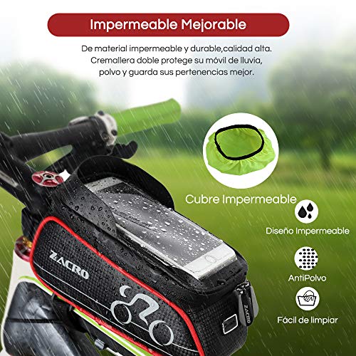 Zacro Bolsa Bicicleta Manillar,Soporte Bolsa Táctil Bicicleta Impermeable,Gran Capacidad para Bici y de Cremallera Doble Viseras para Moviles Debajo de 6 Inches
