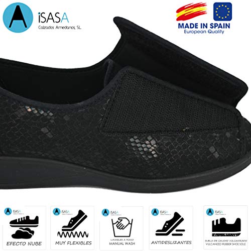 Zapatilla de señora Isasa ARMONA Negro, de Farmacia, Apertura Total Fabricada en Curling Negro con Velcro Grande para un facil Ajuste idoneo para Personas con dificultades de calce (Numeric_37)