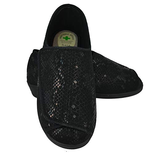 Zapatilla de señora Isasa ARMONA Negro, de Farmacia, Apertura Total Fabricada en Curling Negro con Velcro Grande para un facil Ajuste idoneo para Personas con dificultades de calce (Numeric_37)