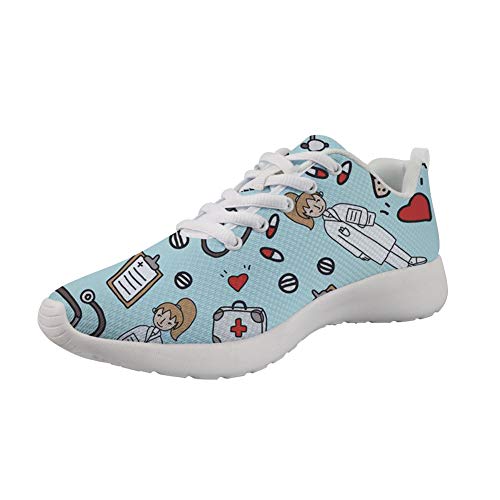 Zapatos de Cordones POLERO para Mujer Zapatillas de Deporte de Enfermera Zapatillas de Deporte Planas para Correr Zapatillas de Tenis Air Mesh Trainer Azul Talla 38