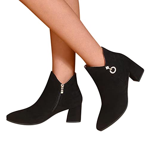Zapatos De Mujer De Moda Tacones Altos Gruesos Transpirables Botas Cortas con Cremallera TéRmica Retro