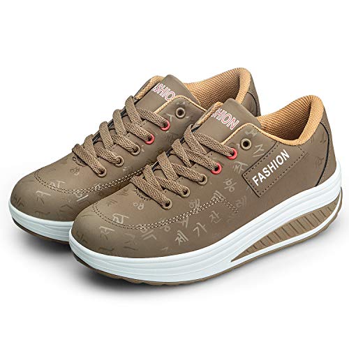 Zapatos de Plataforma de Zapatilla de Deporte de Moda de cuña para Mujer Zapatos para Caminar con Suela basculante Zapatos de Fitness con Cordones Caqui 39 EU