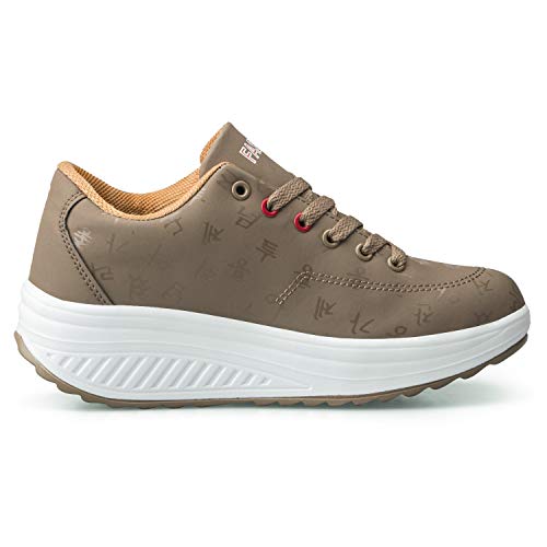 Zapatos de Plataforma de Zapatilla de Deporte de Moda de cuña para Mujer Zapatos para Caminar con Suela basculante Zapatos de Fitness con Cordones Caqui 39 EU