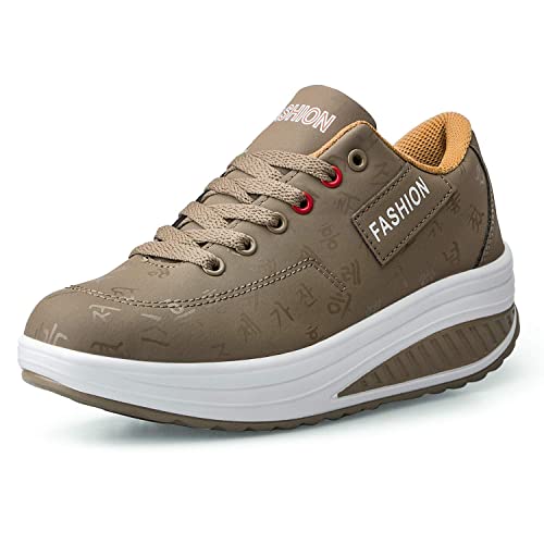 Zapatos de Plataforma de Zapatilla de Deporte de Moda de cuña para Mujer Zapatos para Caminar con Suela basculante Zapatos de Fitness con Cordones Caqui 39 EU