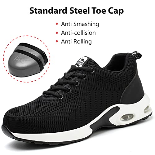 Zapatos de Seguridad Hombre Mujer Zapatillas de Trabajo con Punta de Acero Ligeras Transpirables Calzado de Seguridad con Colchón de Aire Calzado de Industrial y Deportivos Unisexo Negro-Blanco EU 39